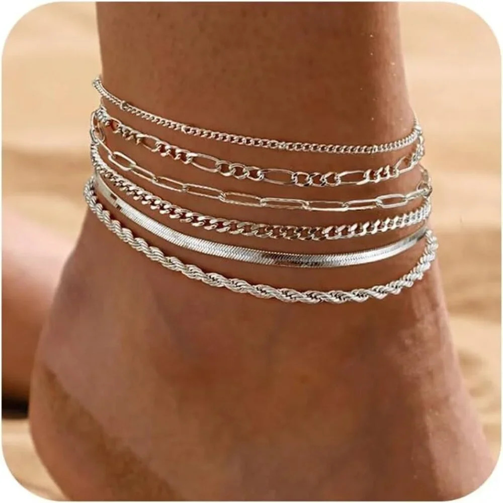 ❤️Women Silver  Layered Anklets Beaded Cuban Chain Beach Stackable Jewelry